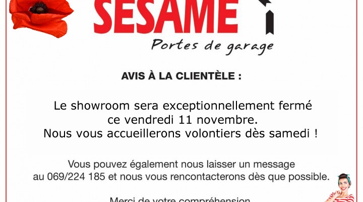 Showroom exceptionnellement fermé ce vendredi 11 novembre